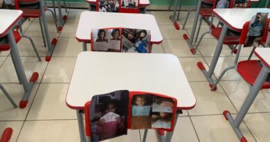 Professores do CEI Pequeno Príncipe, de Cabeçuda, colocaram as fotos dos alunos em suas cadeiras para homenageá-los e passar esperança.