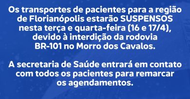 Saúde suspende transporte de pacientes para região de Florianópolis