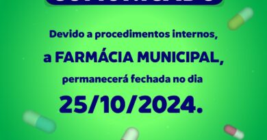 Farmácia Municipal não terá atendimento nesta sexta-feira, dia 25